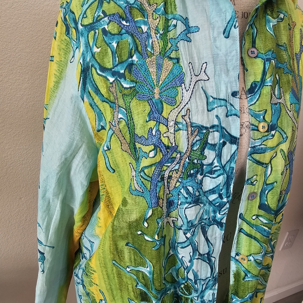 Antica Sartoria by Giacomo Cinque Tunic Shirt L Large Green Blue Coral Print - Picture 6 of 12